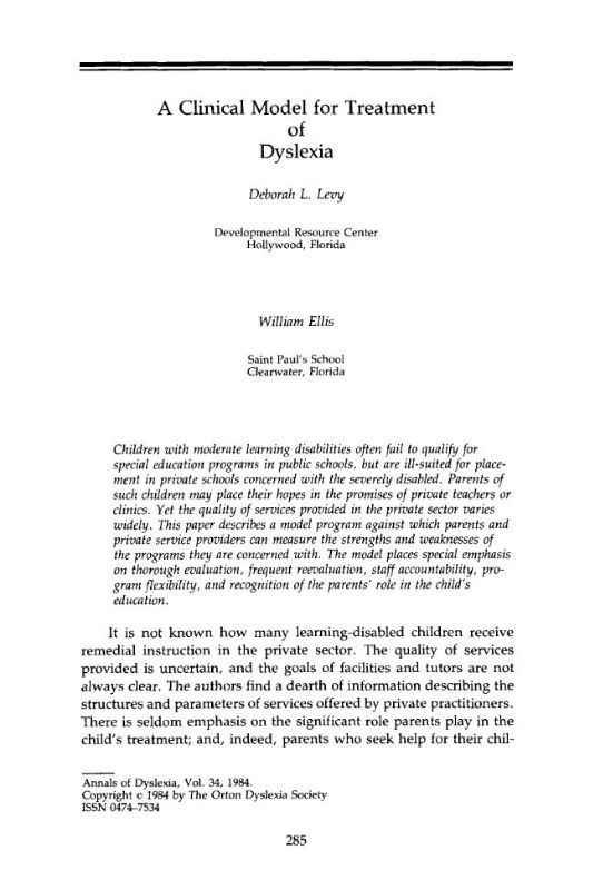 A Clinical Model for Treatment of Dyslexia